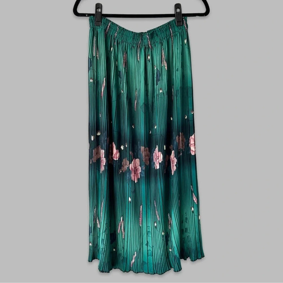 Floral Pattern Pleated Stretchy Midi Maxi Skirt - Picture 2 of 11